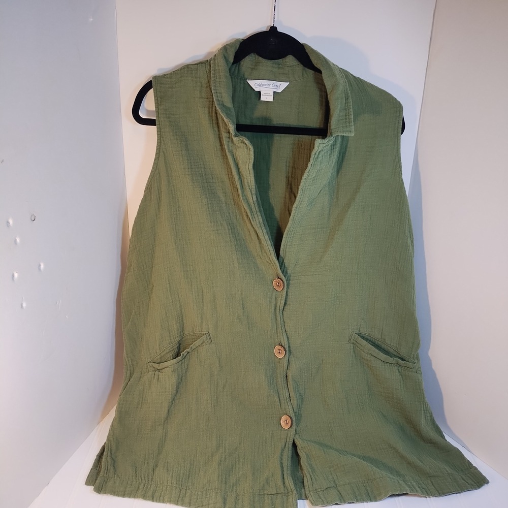 Coldwater Creek Womens LG Green Button Front Vest Pocketed Coastal Granny  Boho